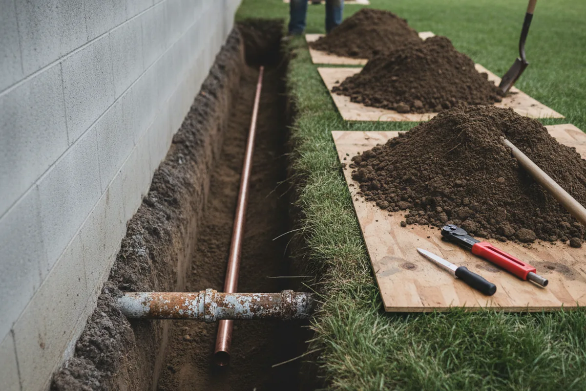 Excavated water line trench during Sewer Line Repair in Waialua